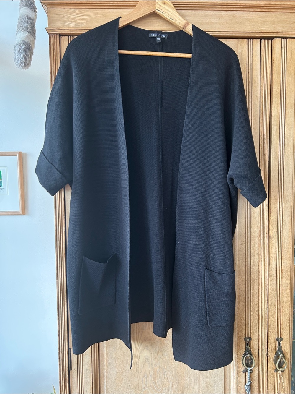 Eileen Fisher Black Short-Sleeve Open-Front Cardigan with Pockets Large